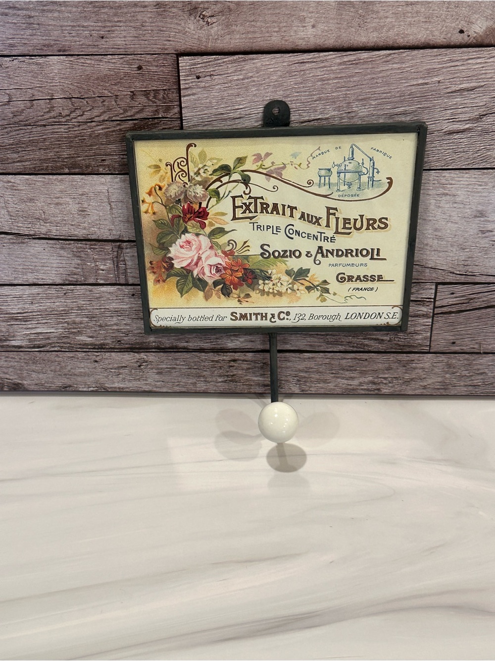 Vintage French Country Ceramic Tile Wall Hook Cast Iron Shabby Chic Perfume Sign